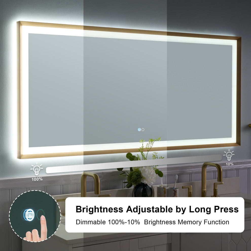 Beveled Bathroom LED Mirror Framed, Backlit and Front Light, Gold, 60"x28"