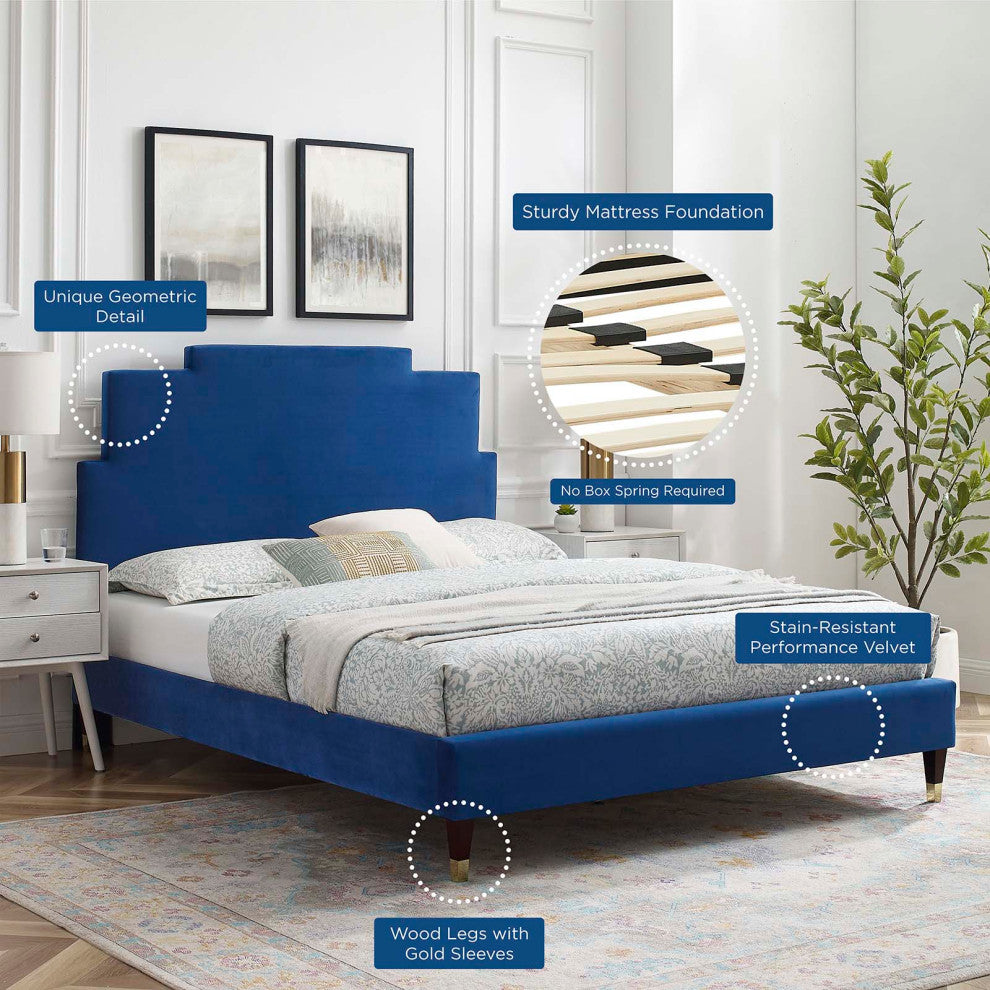 Platform Bed Frame, Queen Size, Velvet, Blue Navy, Modern Contemporary, Bedroom