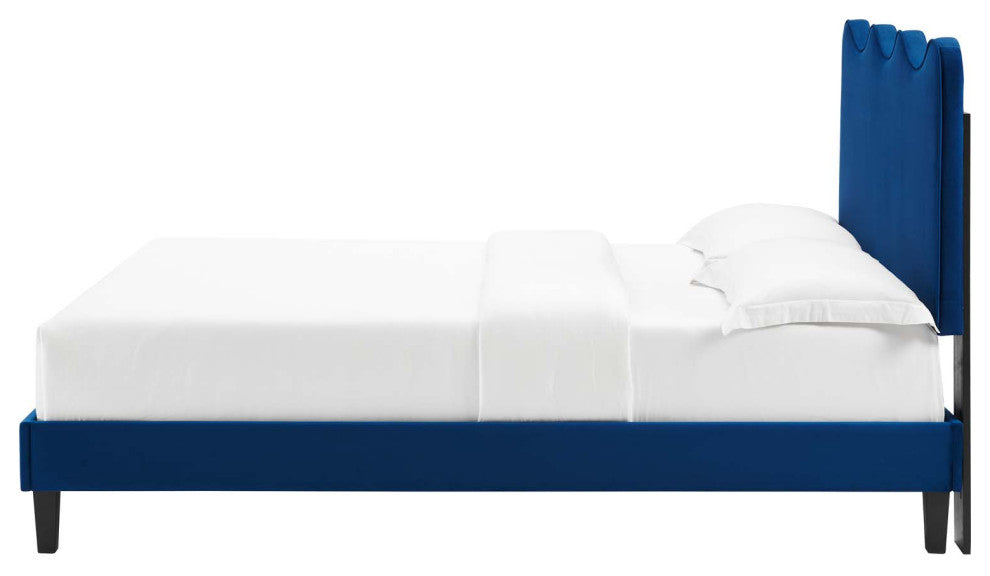 Platform Bed Frame, King Size, Blue Navy, Velvet, Modern, Bedroom Guest Suite