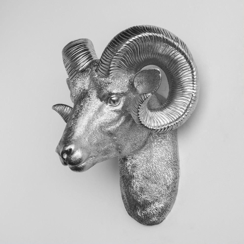 Resin Ram Head Wall Mount, Silver
