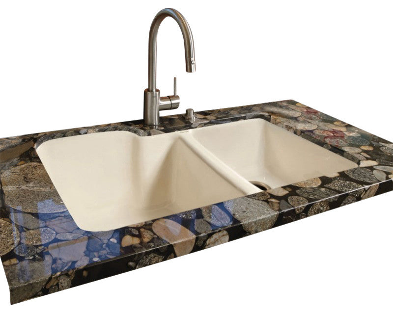 High-Low Double Bowl - Easy install No Hole Undermount, Biscuit