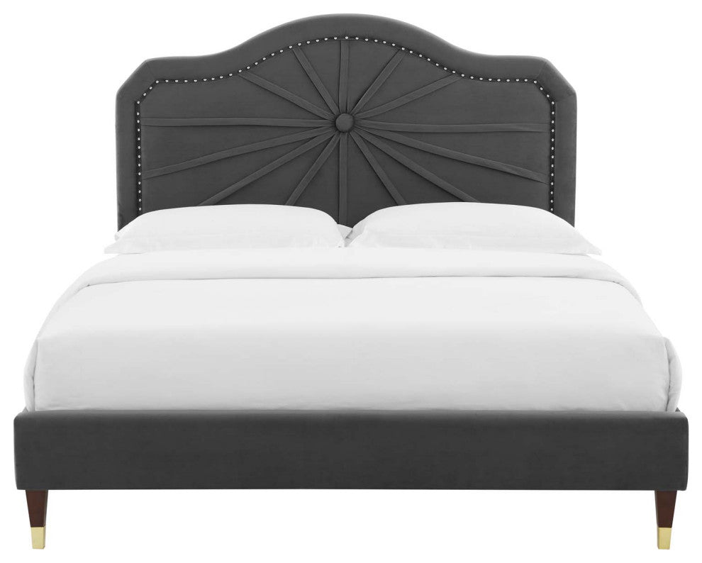 Platform Bed Frame, Queen Size, Velvet, Dark Gray, Modern Contemporary