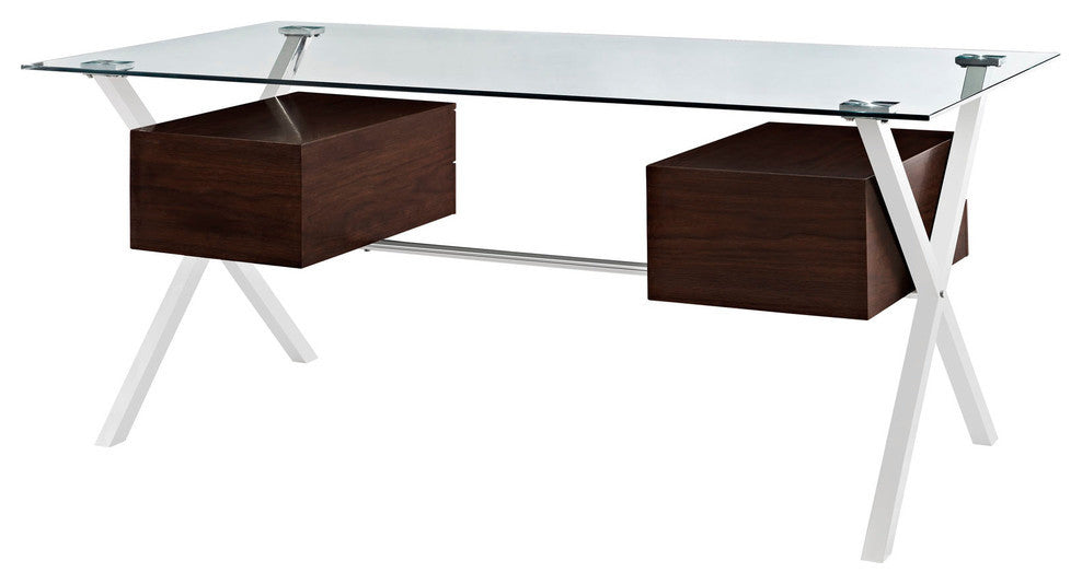 Modern Contemporary Office Desk, Walnut Glass
