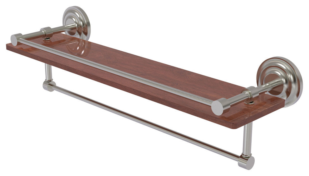 Que New 22" Wood Shelf with Gallery Rail and Towel Bar, Satin Nickel
