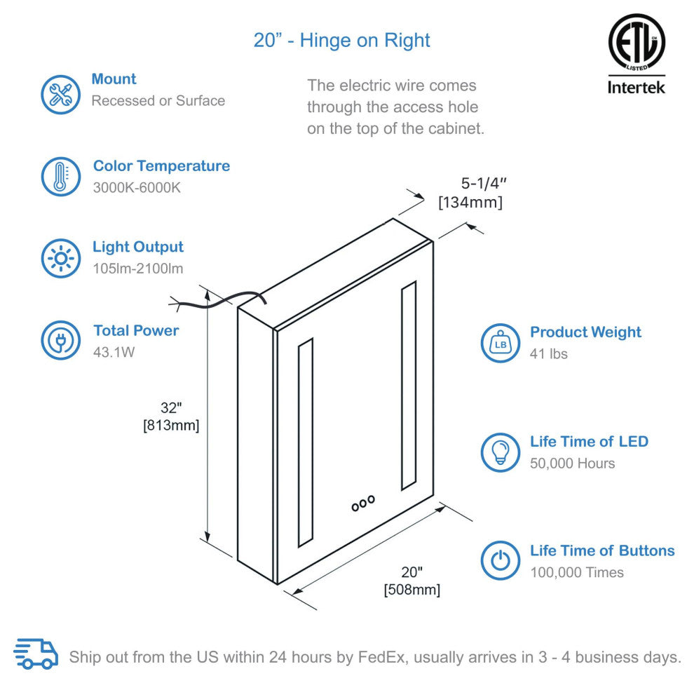 LED Mirror Medicine Cabinet With Defogger, Dimmer and Outlets, 20" Right