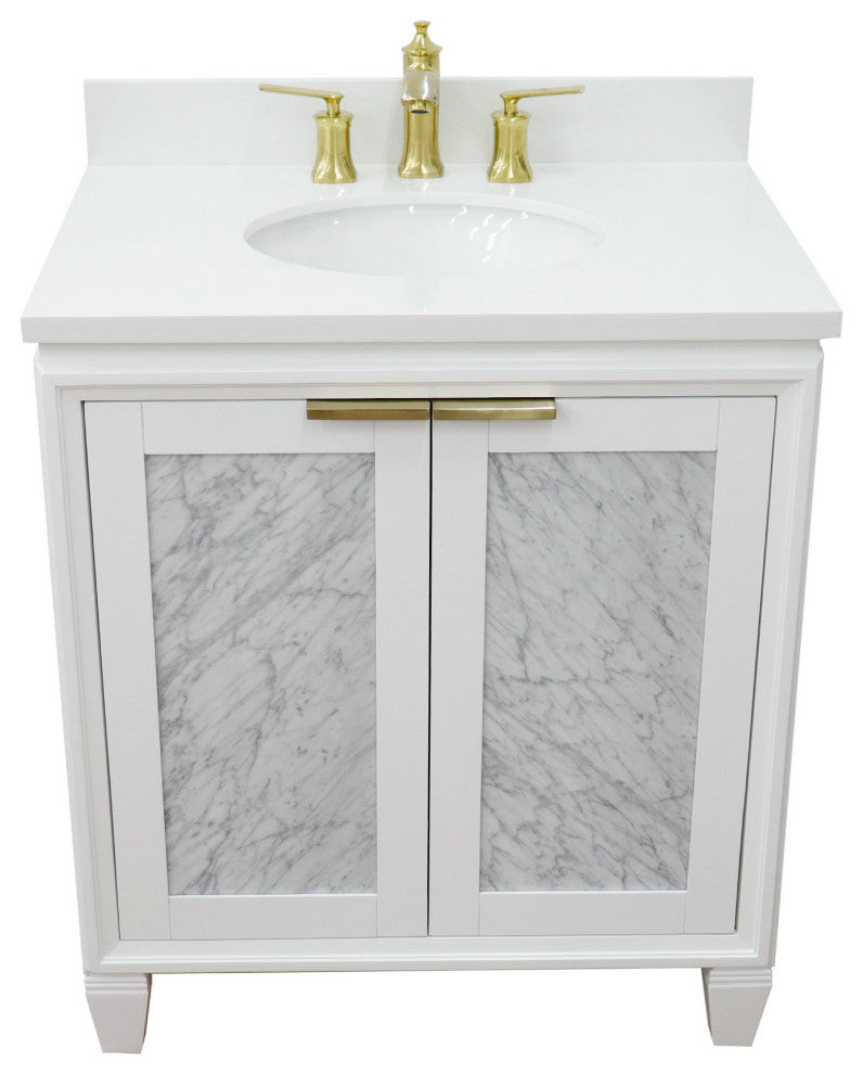31" Single Sink Vanity, White Finish With Engineered Stone Top With Oval Sink