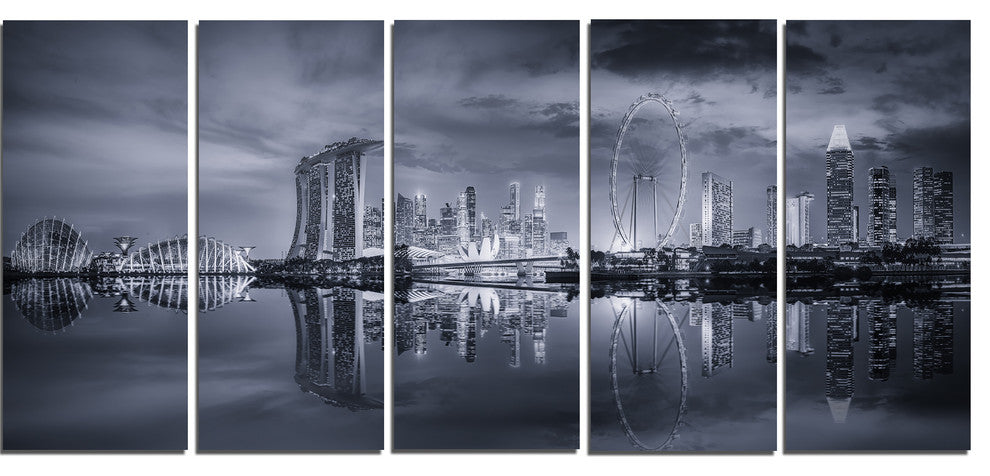 "Black And White Singapore Skyline" Cityscape Canvas print, 5 Panels, 60"x28"
