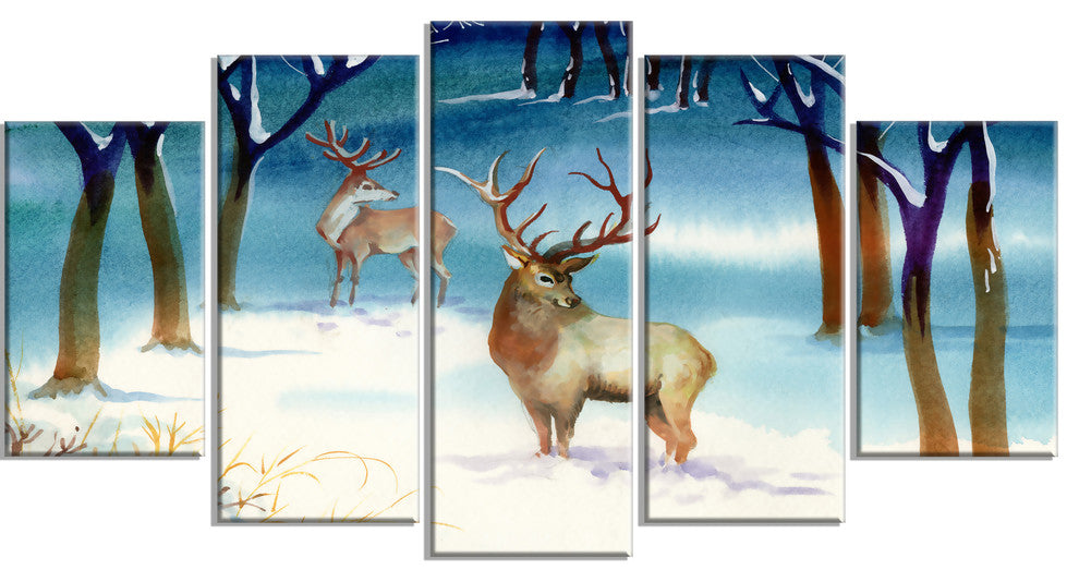 "Amazing Winter Forest With Deer" Landscape Wall Art, 5 Panels, 60"x32"