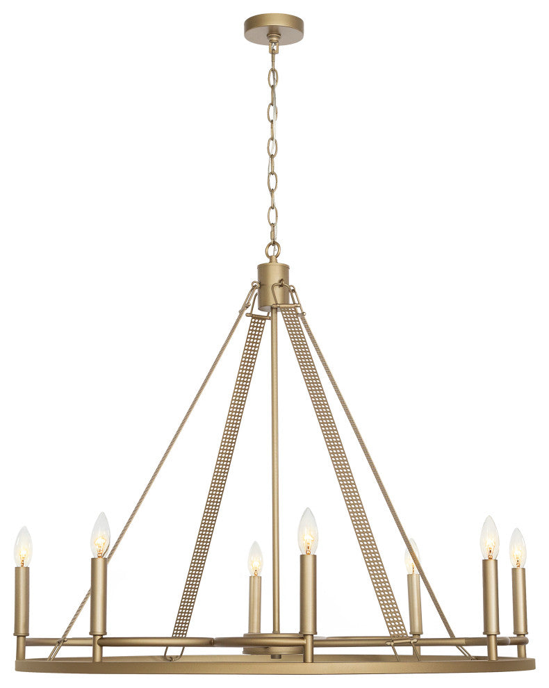 8 Light Wagon Wheel Candle Style Chandelier, Brass Dust