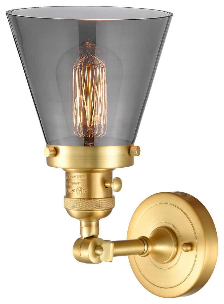 Cone Sconce With Switch, Satin Gold, Plated Smoke