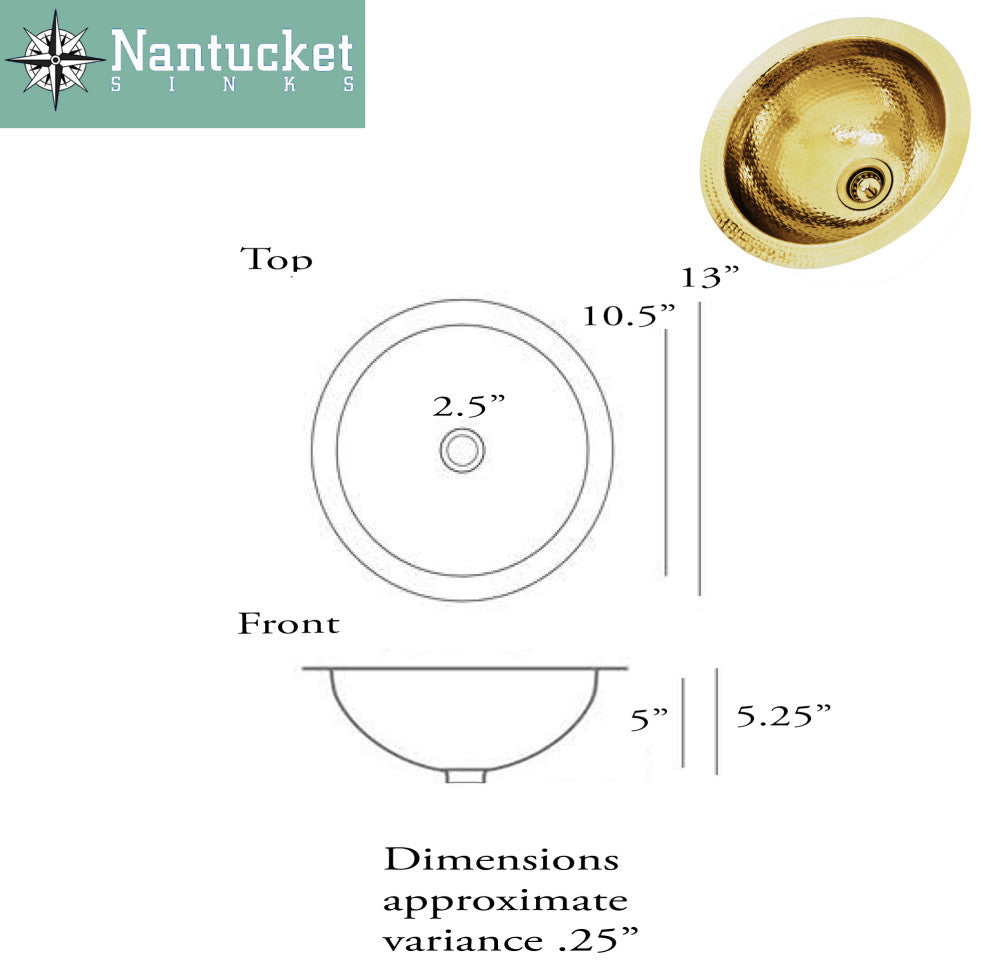 Nantucket Sinks 13" Hand Hammered Brass Round Undermount Bar Room Sink