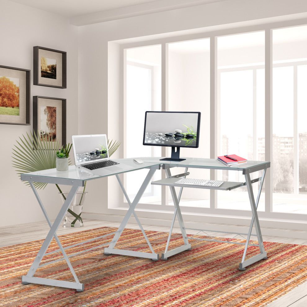 L-Shaped Tempered Glass Top Computer Desk -Clear