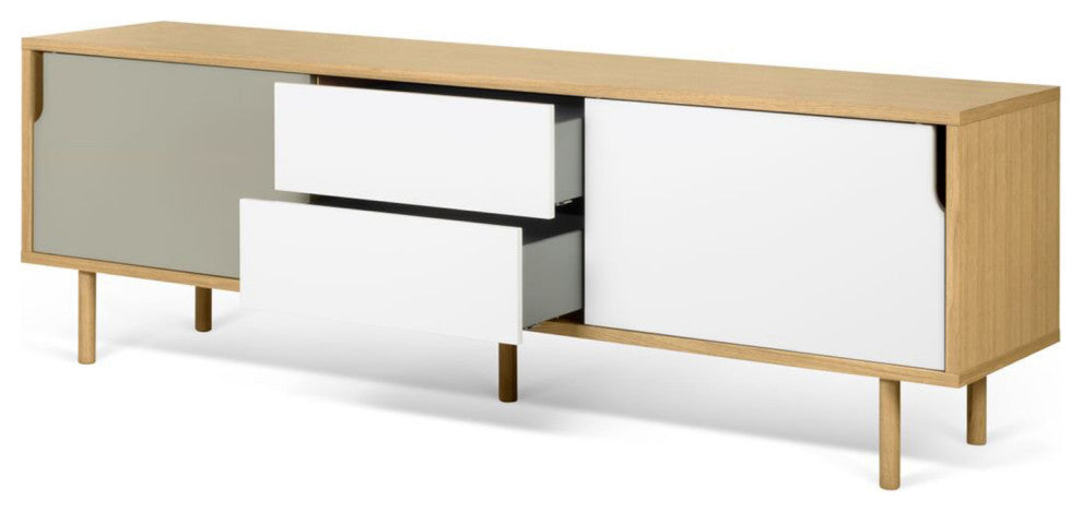 Modern Long Wood 2 Tone Sideboard , White/Grey Door, Oak Leg