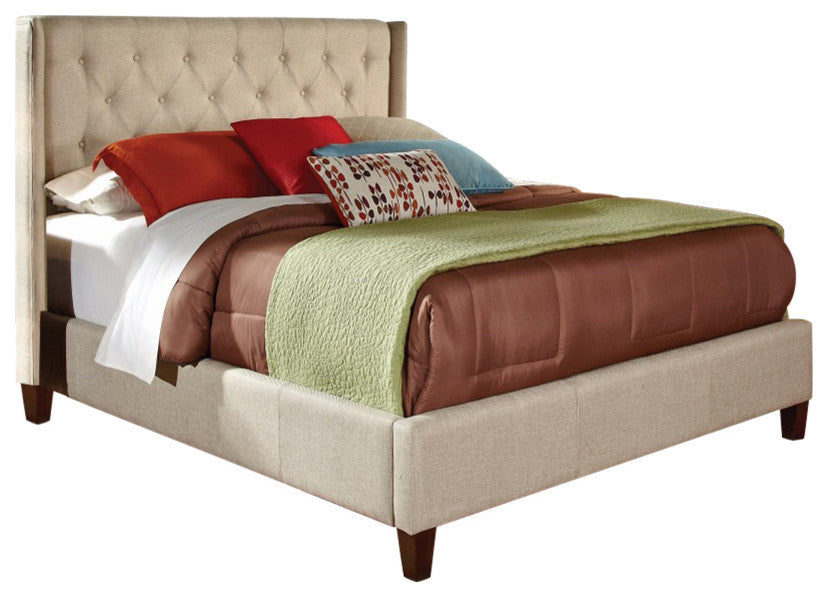 Tranquil Upholstered Queen Size Bed with Button Tufting, Beige
