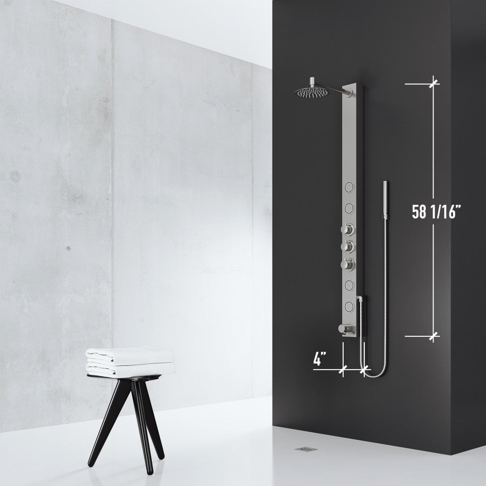 Bowery 58" H x 4" W 4-Jet Shower Panel with Round Shower Head and Tub Filler, Stainless
