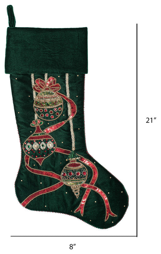 21" Green Beaded Ornamnt Velvet Stocking