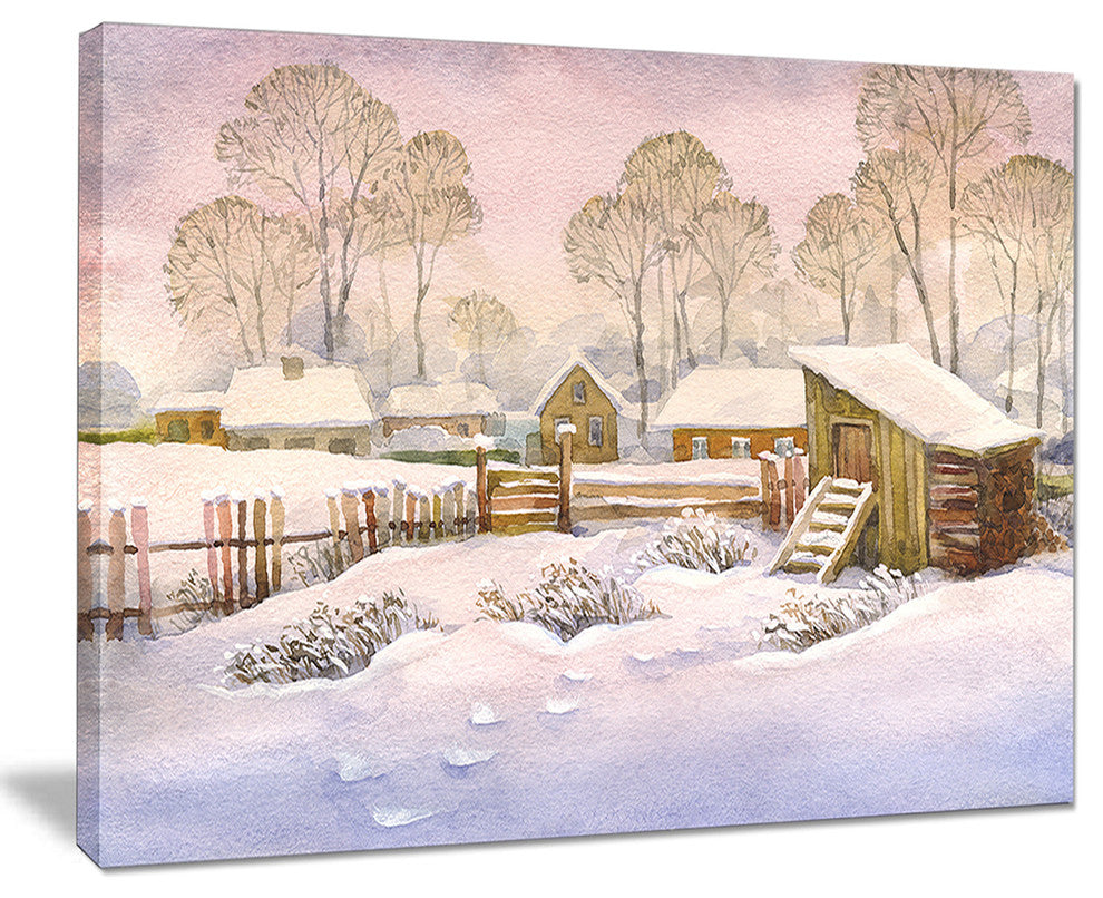 "Old Winter Village" Landscape Watercolor Canvas Print, 40"x30"