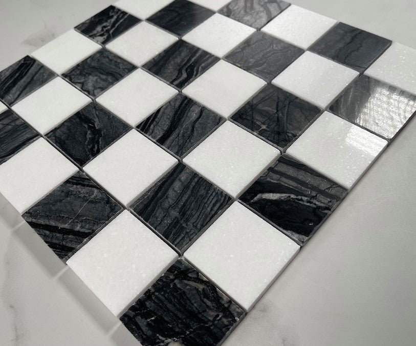 Silver Wave Black Forest Thassos White Marble Checkerboard Tile Polish, 1 sheet