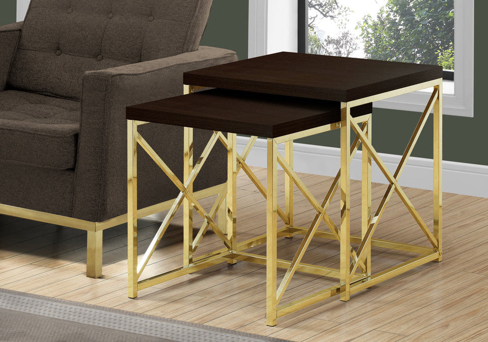 Nesting Table Set Of 2 Side End Metal Accent Metal Laminate Brown Gold