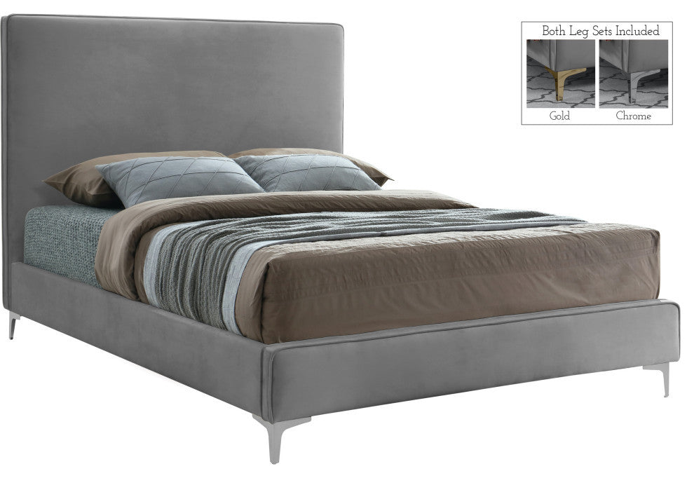 Geri Velvet Upholstered Bed, Gray, Queen