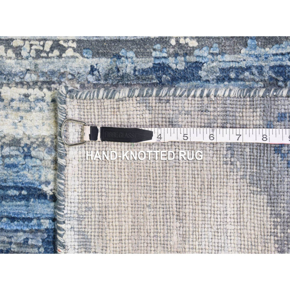 Blue and White Modern Hand Knotted Pure Silk and Textured Wool Rug, 6'1" x 9'1"