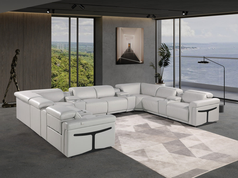 GIOVANNI 12-Piece, 4-Power Reclining Italian Leather Sectional, Light Gray