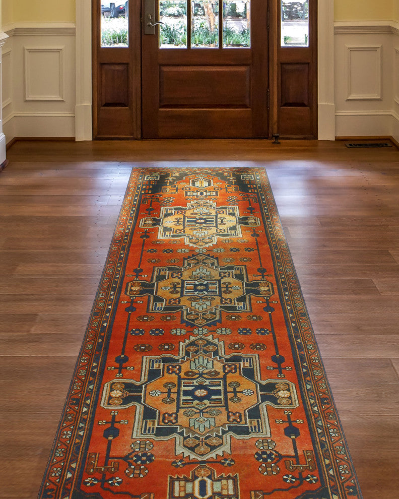 Fine Vintage Distressed Cwentun Rust/Navy Runner, 3'2x9'9