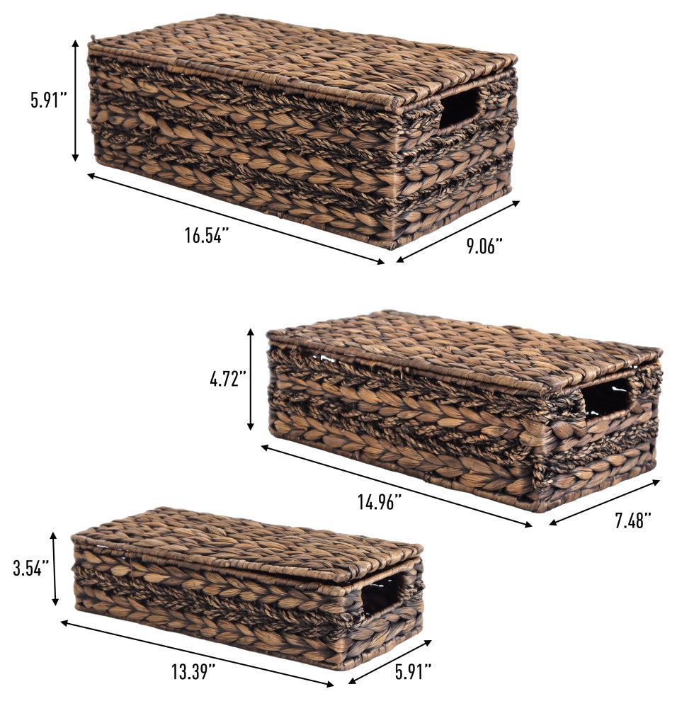 Sandrine Classic Handwoven Hyacinth Storage Baskets With HandleS, Lids, Set 3