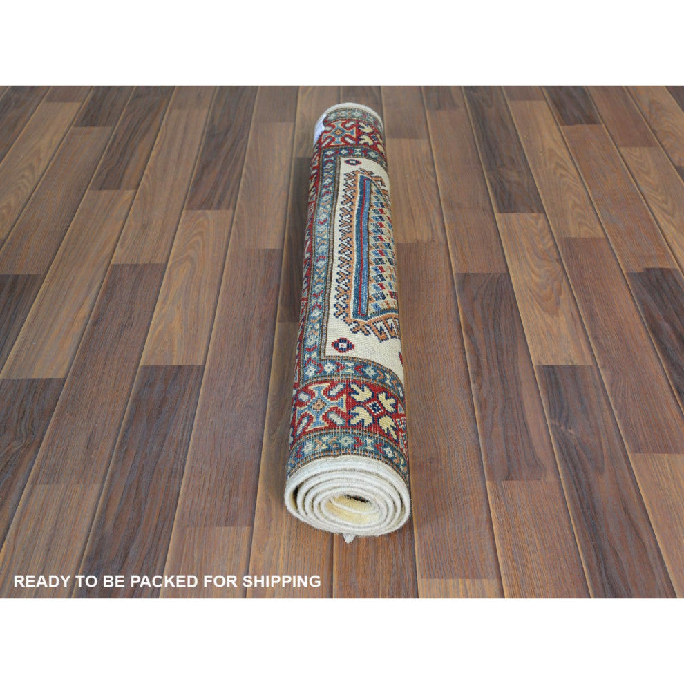 Afghan Special Kazak, Shiny Wool, Hand Knotted, Ivory, Oriental Rug, 3'0" x 4'8"