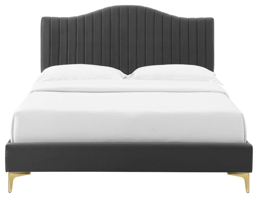 Tufted Platform Bed Frame, Full Size, Velvet, Gray, Modern Contemporary