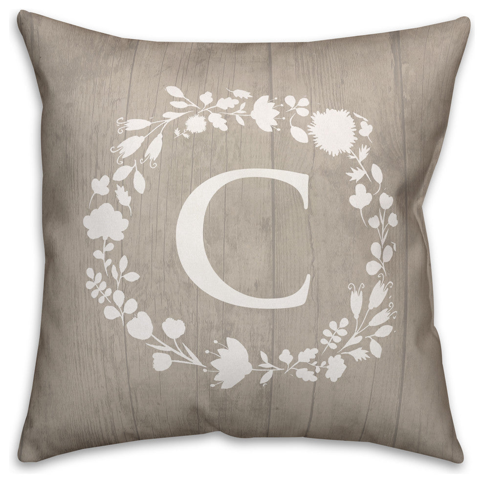C Rustic Wreath Monogram Spun Poly Pillow, 18x18