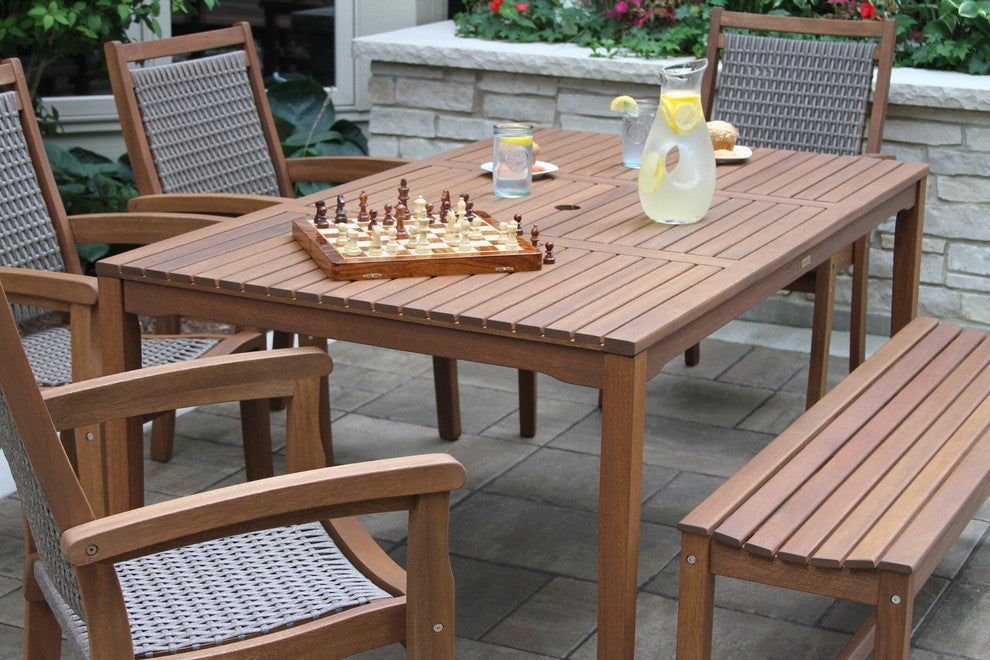 6-Piece Eucalyptus Dining Set With Grey Wicker Stacking Armchairs