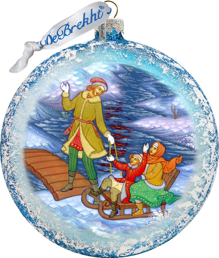 Hand Painted Scenic Glass Ornament Palekh Family