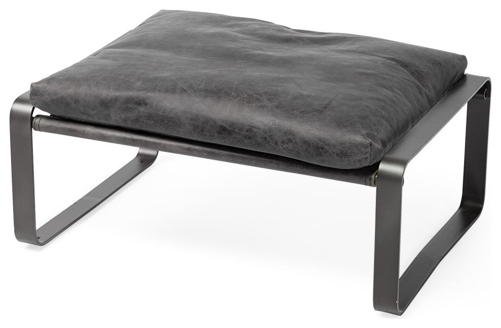 Mod Black Leather Metal Base Ottoman