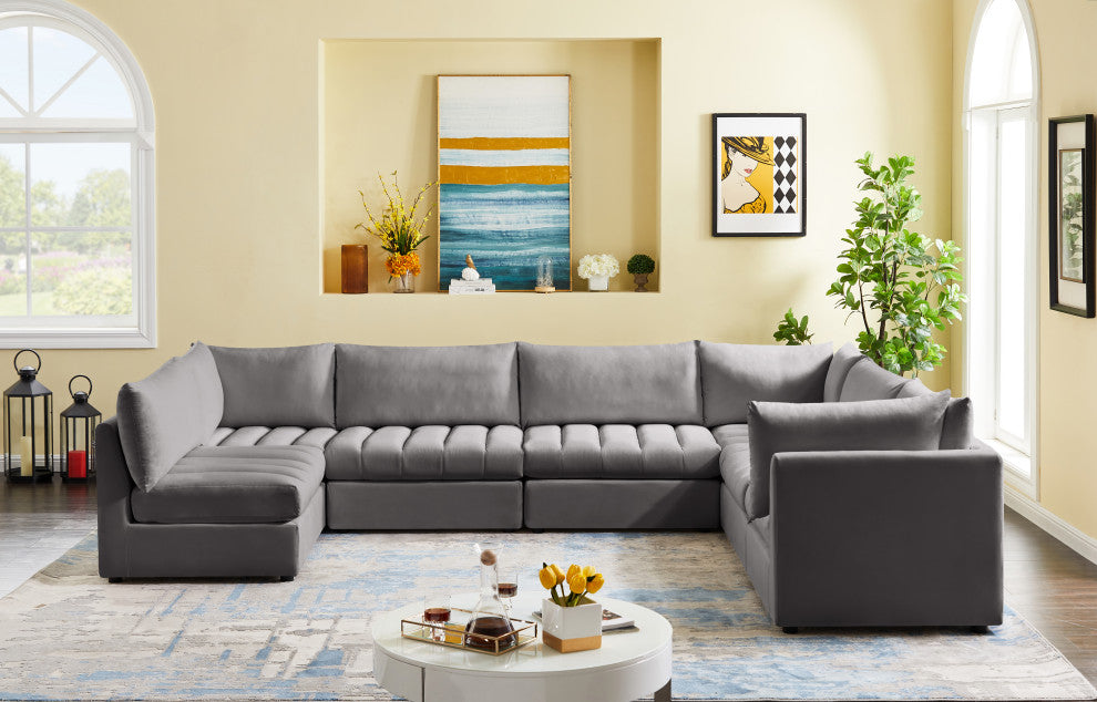 Jacob Velvet Upholstered 7-Piece U-Shaped Modular Sectional, Grey