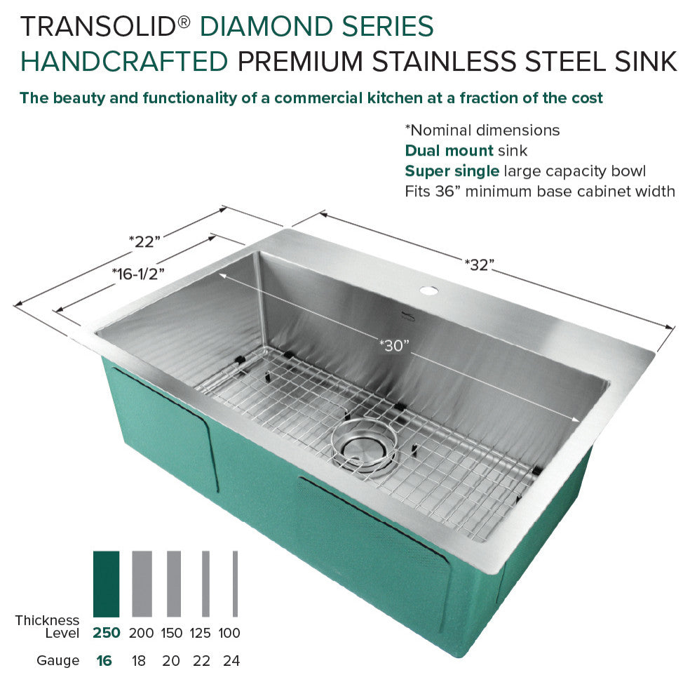 Transolid Diamond 32"x22" Single Bowl Dual-Mount Sink Kit in Stainless Steel