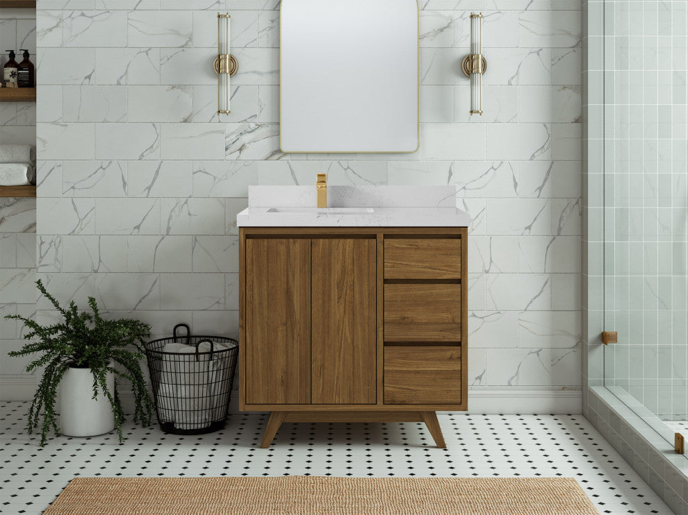 Madison  Teak 36 Left Offset Bath Vanity Golden Teak 2" Carrara Marble
