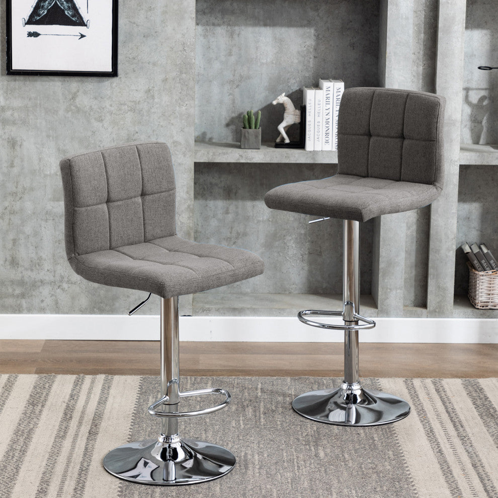 Set of 2 Armless Tufted Swivel Bar Stools, Gray-Fabric