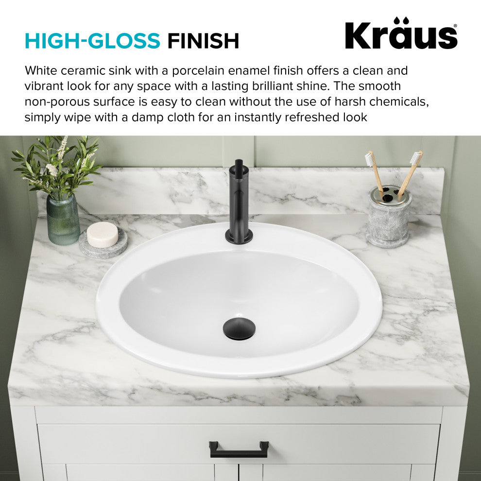 KRAUS Elavo 22 in. Oval Porcelain Ceramic Self-Rimming Drop, Bathroom Sink
