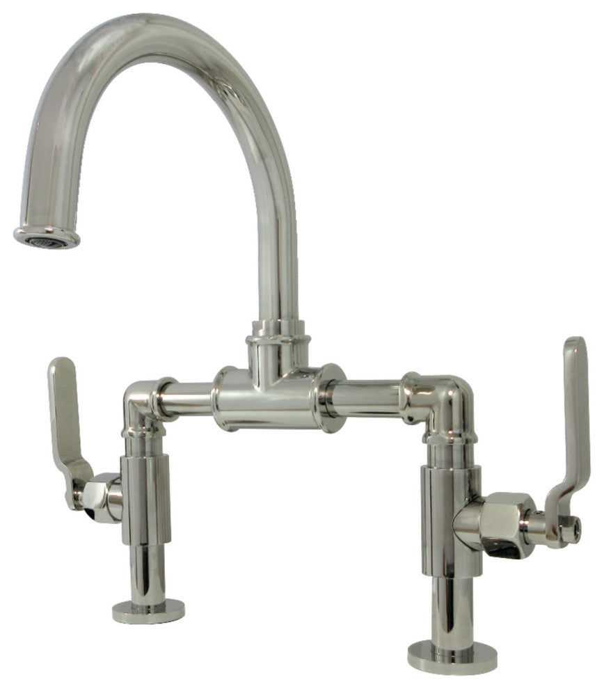 Industrial Style Bridge Bathroom Faucet With Pop-Up Drain, Polished Nickel