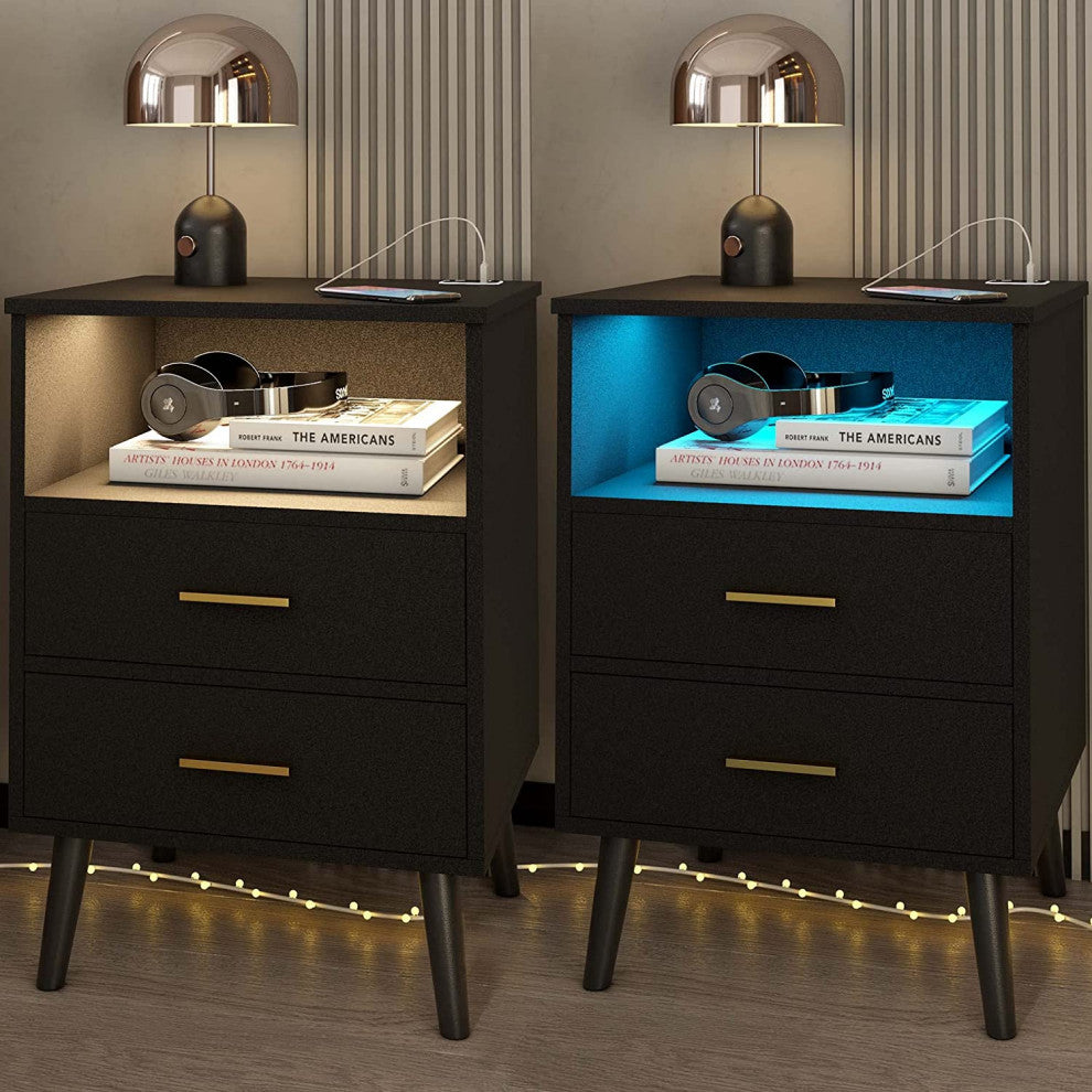 Nightstand Set of 2 with Charging Station, LED Nightstands with Open Shelf, Blac