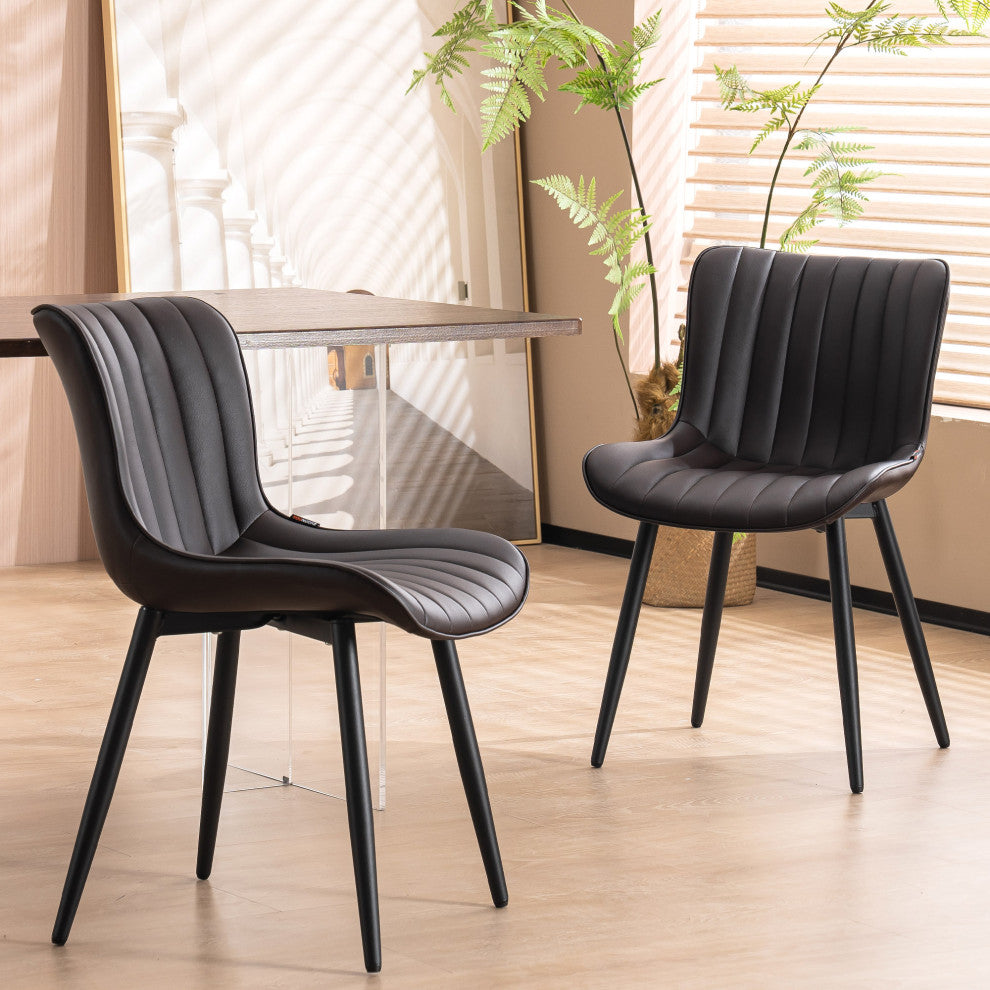 Younike Dining Chair Set of 2, Liner Pattern Faux Leather, Brown