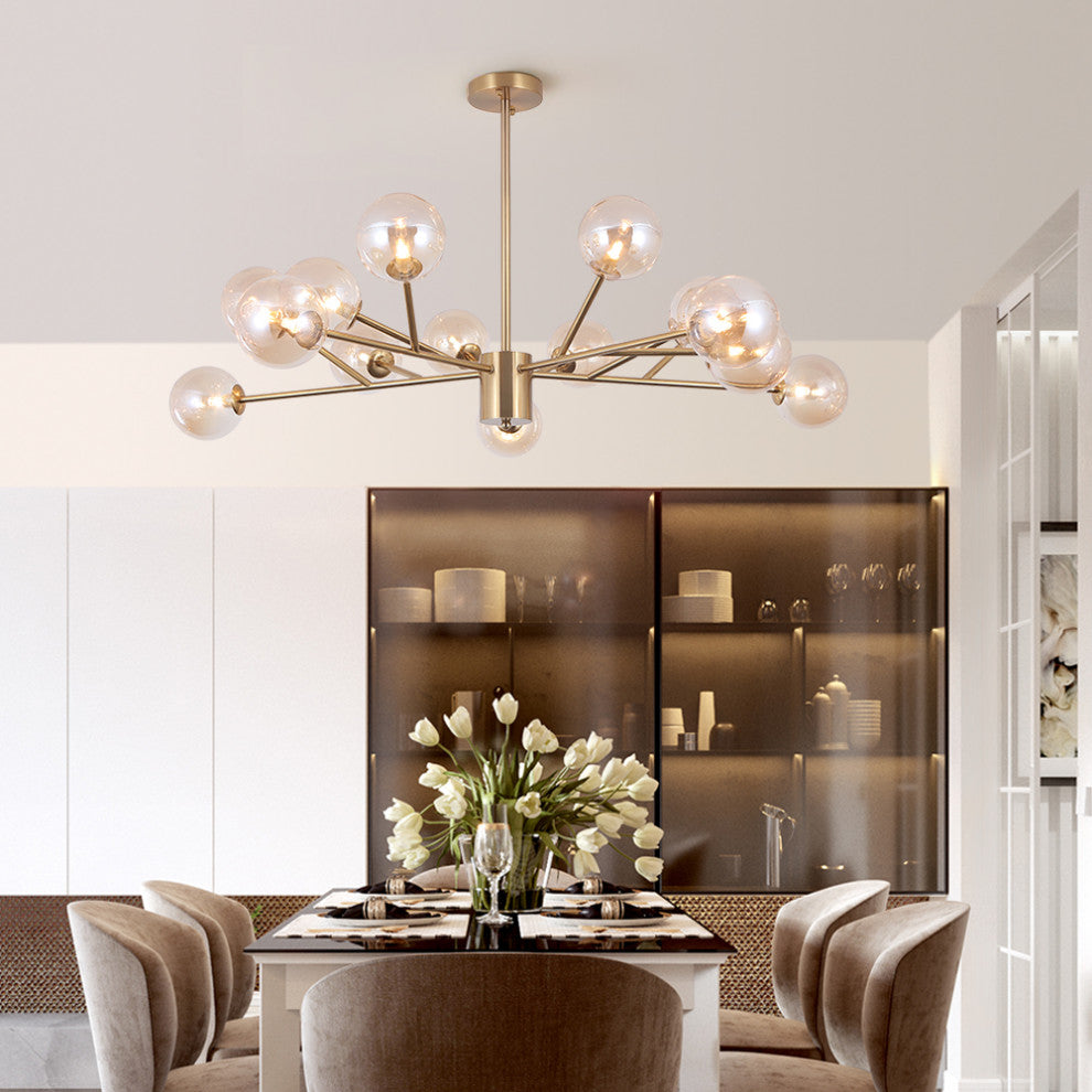 15-Light Glass Globe Bubble Sputnik Chandelier, Gold