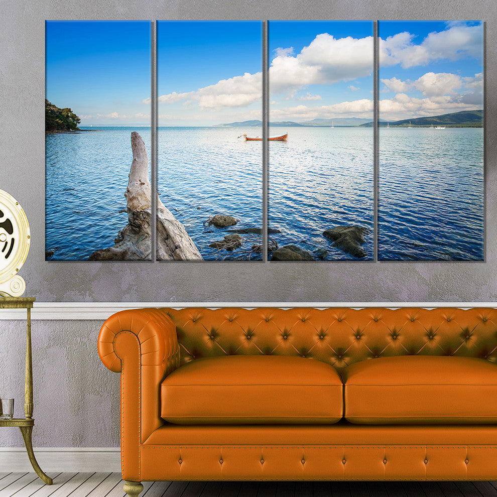 "Small Wooden Boat and Tree Trunk" Seashore Wall Art, 4 Panels, 48"x28"