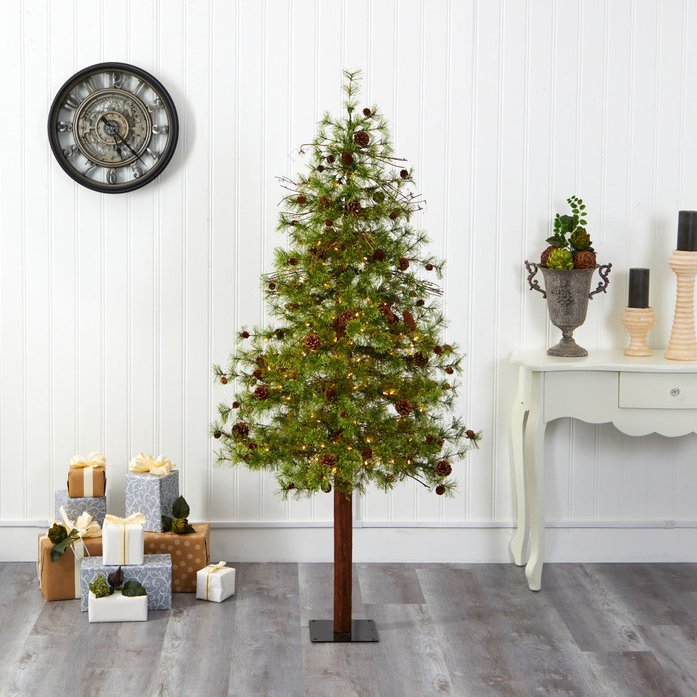 6' Wyoming Alpine Faux Xmas Tree W/ Clear Lights & Pine Cones on Natural Trunk