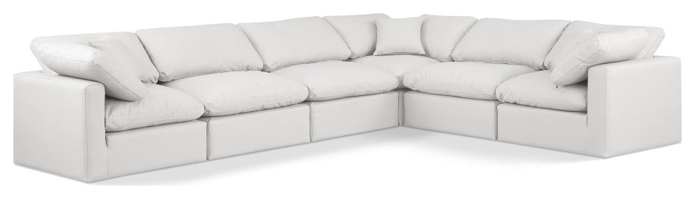 Indulge Upholstered Modular L-Shaped Sectional, Cream, 6-Piece: 3 Armless Chair, 3 Corner Chair, Fiber Stuffed Vegan Leather