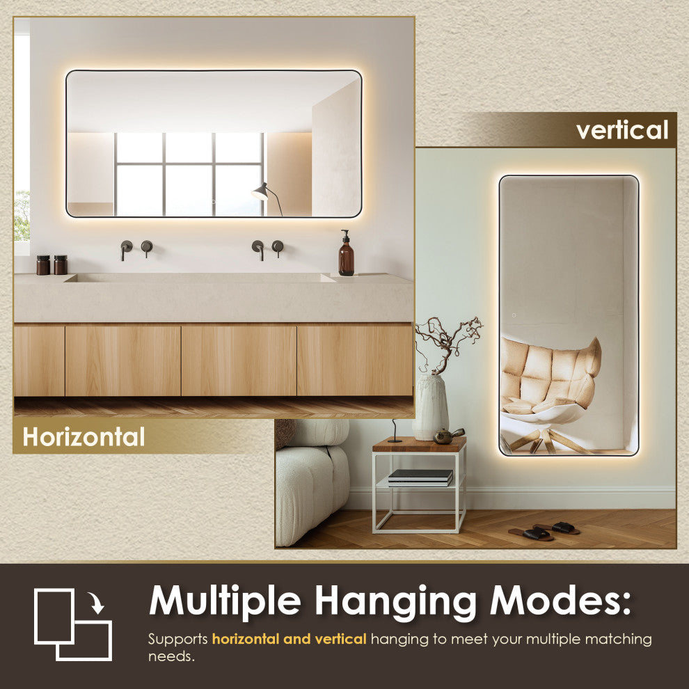Dazzle Rectangular Bathroom/Vanity LED Lighted Wall Mirror, Matte Black, 72"