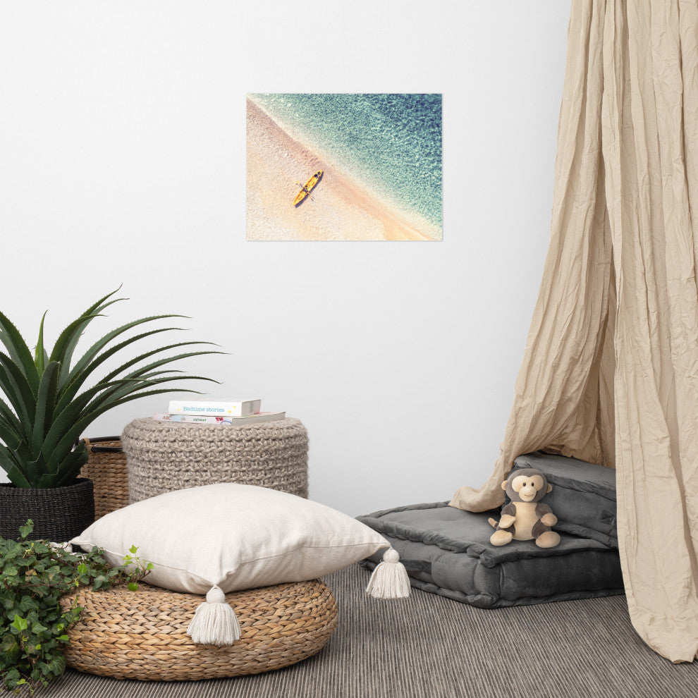 Yellow Canoe & Blue Sea with Soft Violet Effect Landscape Photo Loose Art Print, 18" X 24"