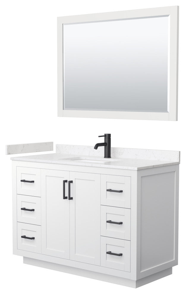 48"SGL Vanity White, Light-Vein Carrara Cult. Top, Sink, Black Trim, 46"Mirror