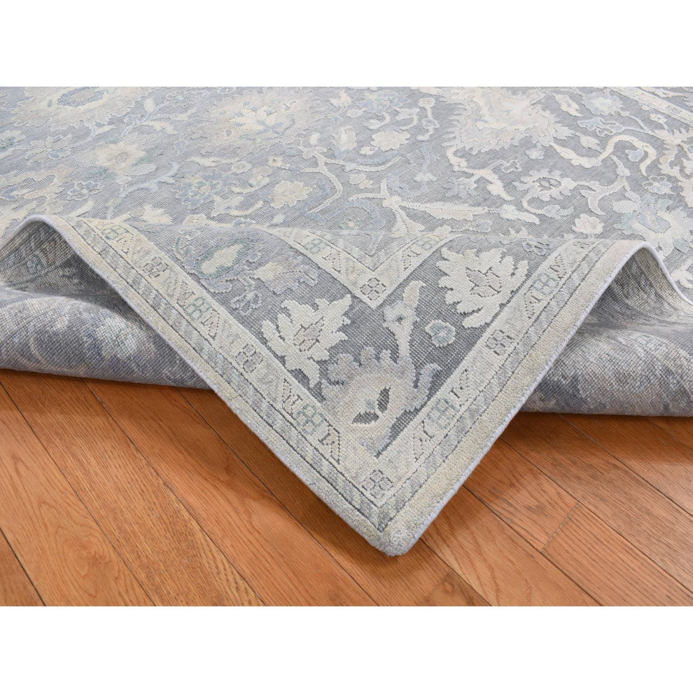 Battleship Gray Hand Knotted Oushak Influence Pure Silk and Wool Rug 6'1"x8'9"